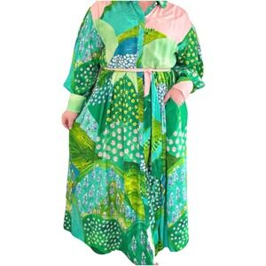 Caftan Von Landen Size 28/30 Curvy Patch GREEN Long Sleeve Midi Plus 2XL XXXL